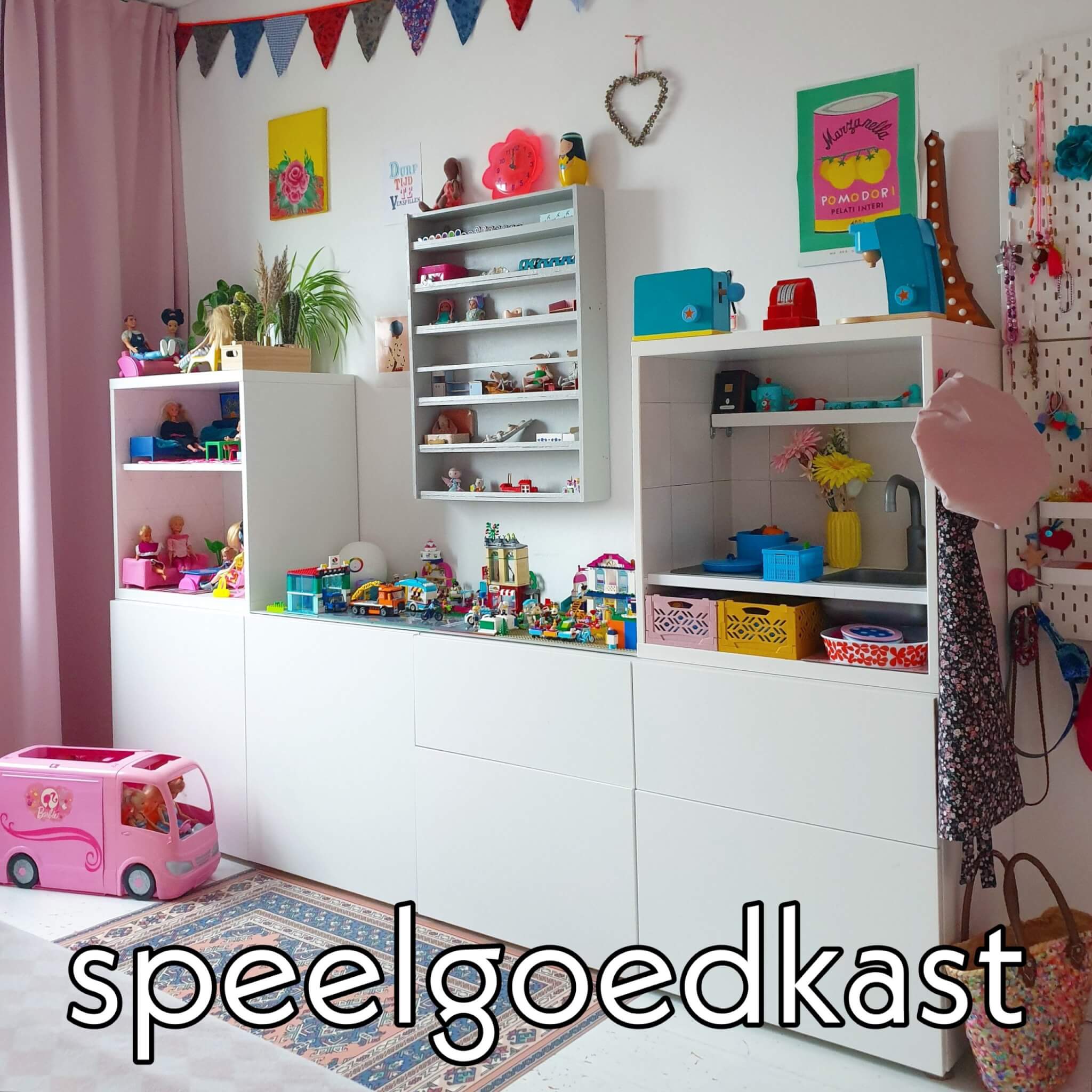 hack speelgoedkast met LEGO tafel, kinderkeuken Barbie huis met kids