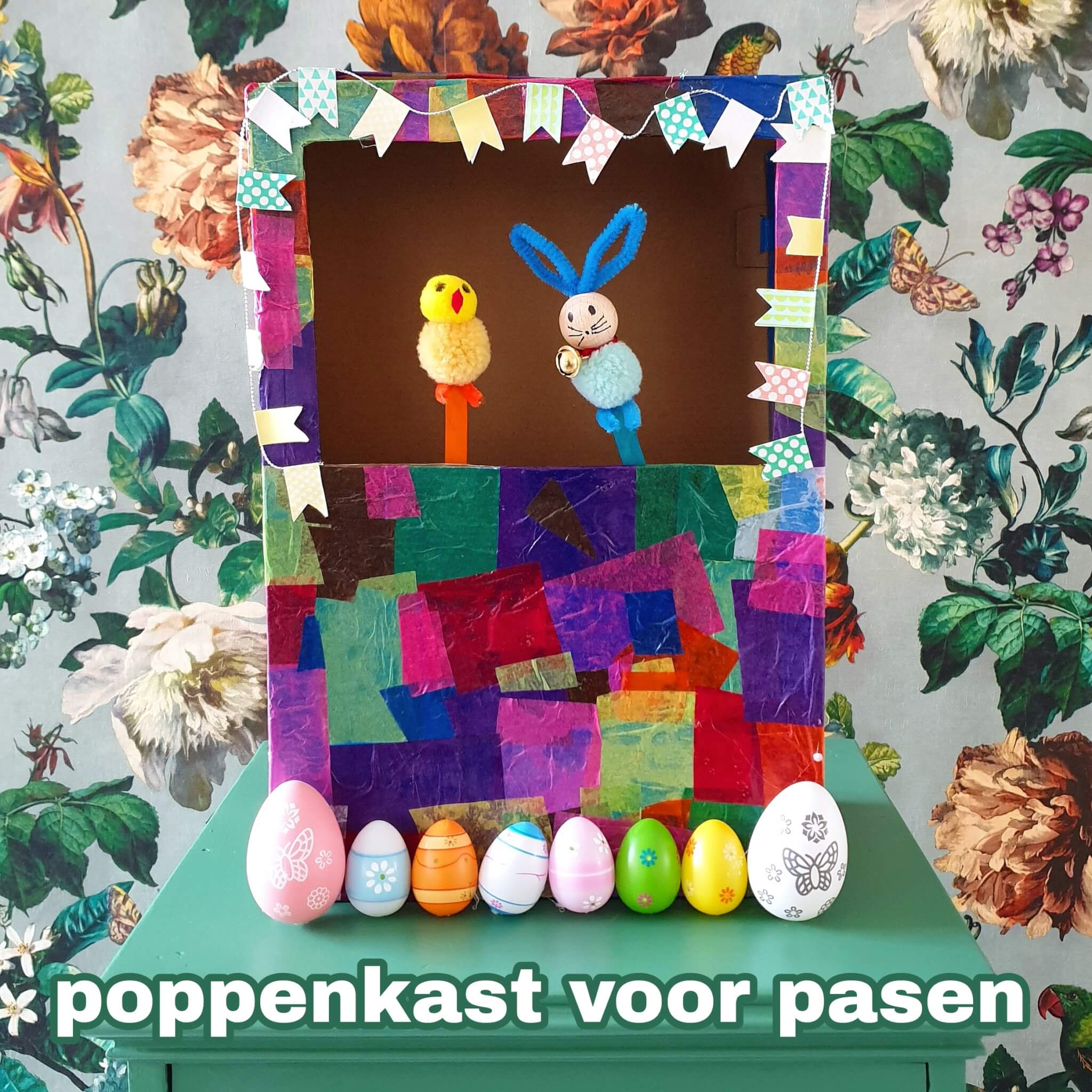 Productiecentrum legering Geliefde Poppenkast voor Pasen knutselen met paashaas en paaskuikentje Leuk met kids