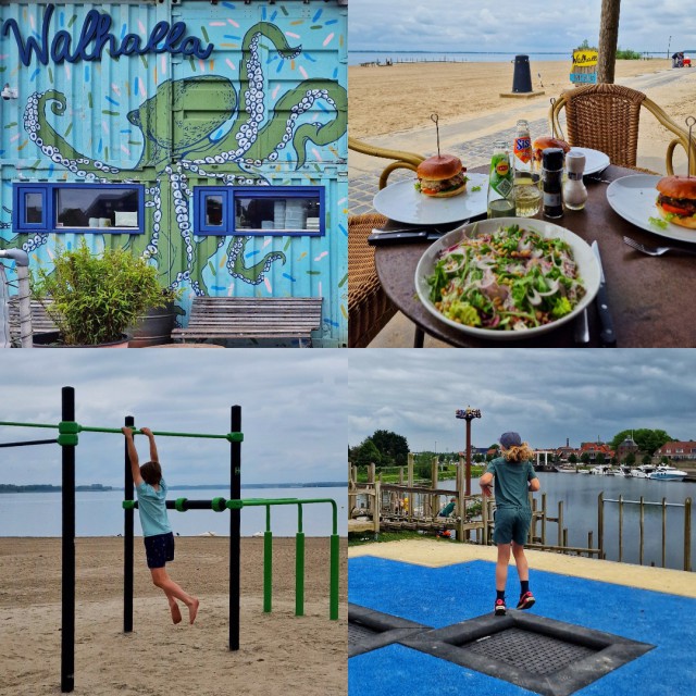 Walhalla in Harderwijk, een kleurrijke strandtent op het strand eiland aan het Veluwemeer. Met terras aan het strand en een trampoline, fitness en groot houten klimrek.