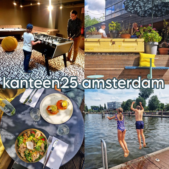 Kanteen25 Marineterrein Amsterdam: restaurant met speelruimte. Duurzaam restaurant Kanteen25 ligt op het Marineterrein in Amsterdam, niet alleen een prachtige plek, maar het heeft ook een toffe speelruimte. Of beter gezegd, twee speelruimtes, die nou eens niet alleen leuk zijn voor kleintjes, maar ook voor oudere kinderen en tieners. Vanaf het terras kijk je uit over de Dijksgracht en Nemo. Dit restaurant is dan ook leuk in combinatie met het Scheepvaartmuseum en met Nemo. En even verderop zijn de zwemsteigers van het nieuwe Marineterrein. 