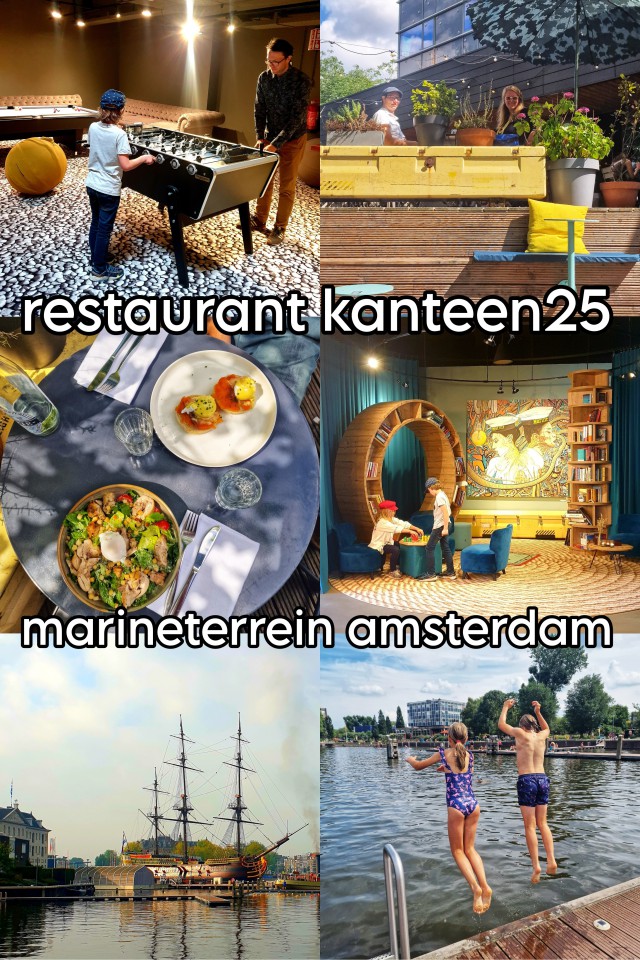 Kanteen25 Marineterrein Amsterdam: restaurant met speelruimte. Duurzaam restaurant Kanteen25 ligt op het Marineterrein in Amsterdam, niet alleen een prachtige plek, maar het heeft ook een toffe speelruimte. Of beter gezegd, twee speelruimtes, die nou eens niet alleen leuk zijn voor kleintjes, maar ook voor oudere kinderen en tieners. Vanaf het terras kijk je uit over de Dijksgracht en Nemo. Dit restaurant is dan ook leuk in combinatie met het Scheepvaartmuseum en met Nemo. En even verderop zijn de zwemsteigers van het nieuwe Marineterrein. 