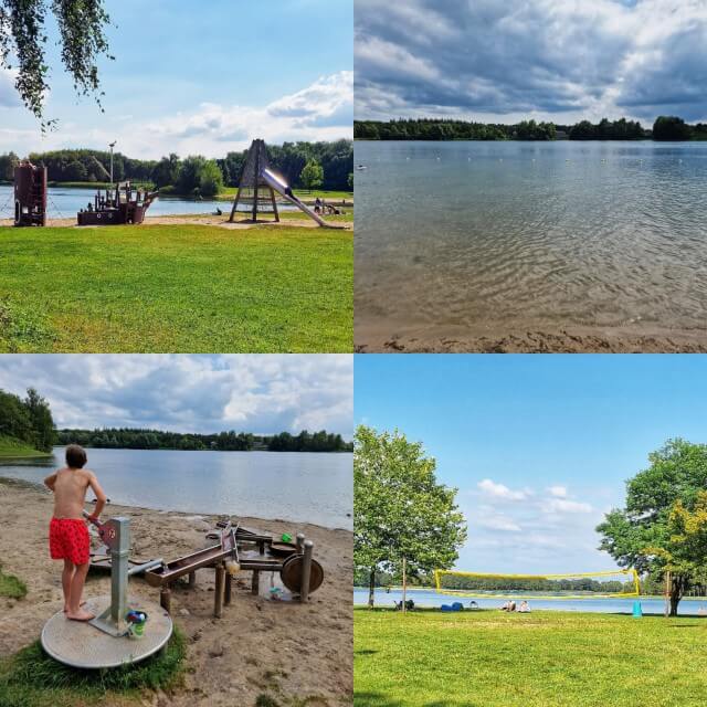 Bussloo is een heel groot recreatiegebied, met verschillende strandjes. Wij gingen naar Kinderstrand Bussloo, dat zijn eigenlijk twee strandjes. Aan de kant is het leuk voor oudere kinderen en tieners, met volleybalnet en voetbalgoaltjes. De andere kant is voor jongere kinderen met speeltuin met kabelbaan, klimrekken, schommels en glijbaan en in het water een waterpomp en ballenlijn. In het midden zijn een kiosk en toiletten.