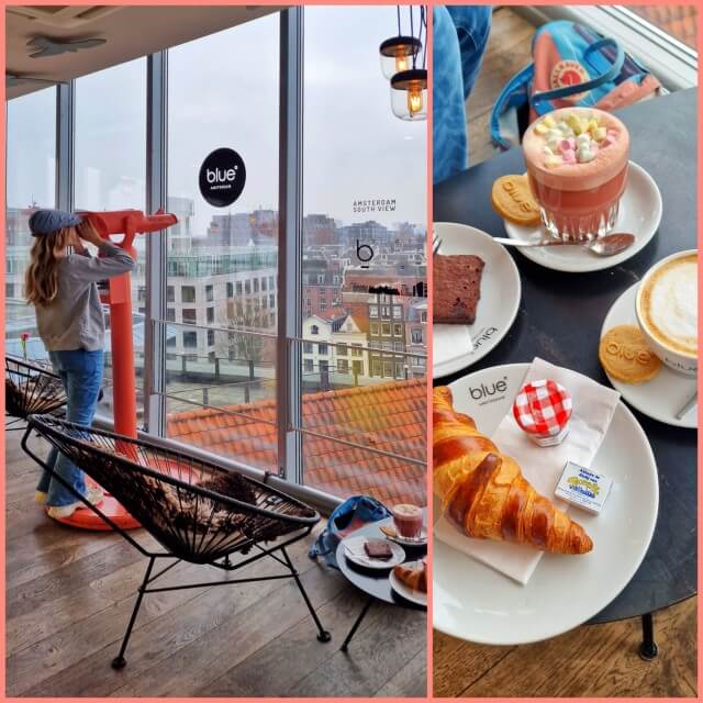 Bovenin de Kalvertoren zit Blue Amsterdam, met uitzicht over de stad. Een leuk café restaurant met oudere kinderen en tieners.